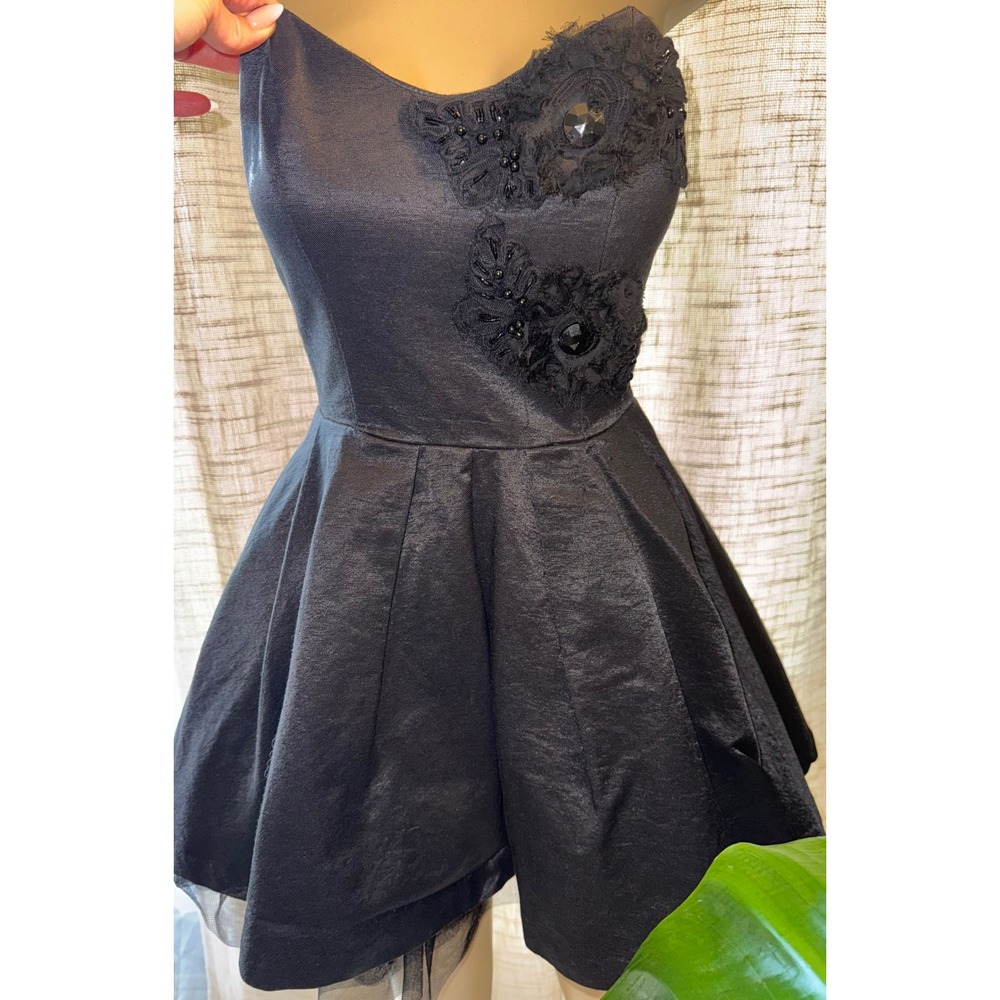 Black Coquette Mini‎ Dress Beaded Lace Tulle Sweetheart Skater Party Sz Small